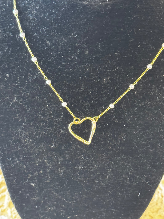 White Pearl Station Heart Necklace